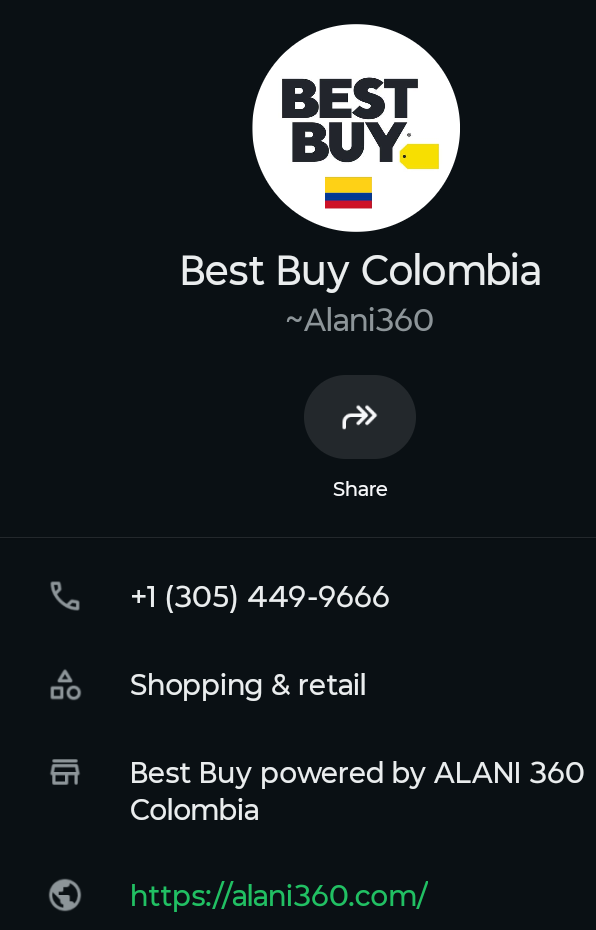 WhatsApp Business profile for Best Buy Colombia, powered by Alani360